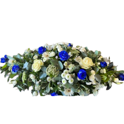 Blue & White Casket Spray - An elegant casket spray arranged in striking blue and classic white tones, beautifully finished with fresh greenery for a heartfelt funeral tribute.