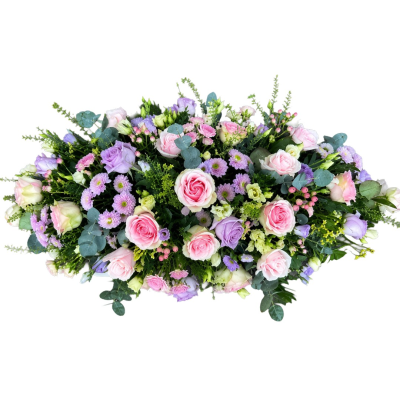 Gentle Embrace Casket Spray - An elegant casket spray arranged in soft pink, lilac and white tones, complemented by fresh greenery for a graceful and heartfelt farewell.