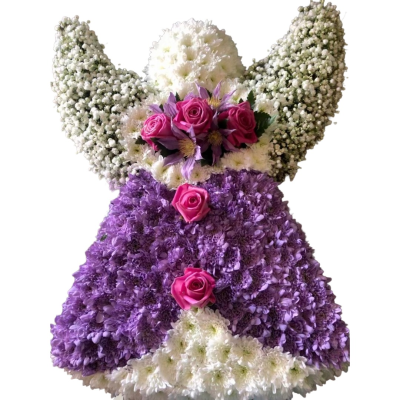 Heavenly Angel Tribute - A beautiful angel-shaped funeral tribute in soft purple and white blooms, delicately accented with vibrant pink roses.