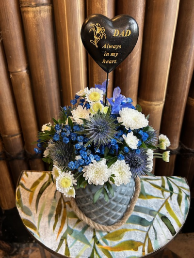Always in My Heart Tribute - A thoughtful funeral arrangement of blue and white blooms, beautifully presented with a heartfelt keepsake tribute.