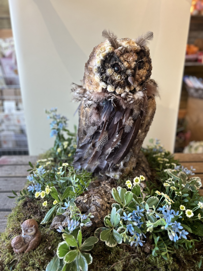 Woodland Owl Arrangement - Standing 2 ft and on a 2ft by 2ft base, this unique floral tribute is hand crafted and designed by our senior florist.