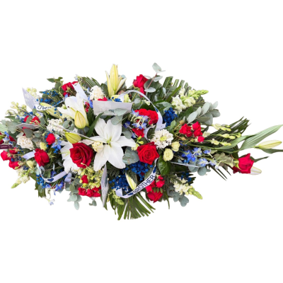 Red & Blue Spray - A striking funeral spray featuring bold red, white and blue blooms, beautifully arranged with fresh greenery and personalised ribbon detailing.