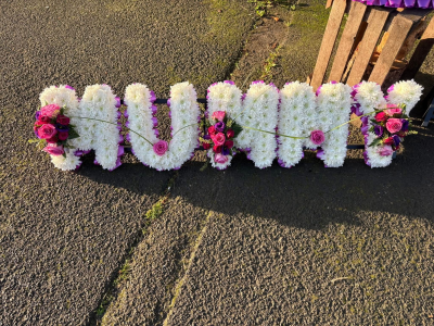 Mummy lettered tribute - A loving MUMMY floral letter tribute with delicate pink accents, handcrafted by Virginia Carmen Designs in Bolton.