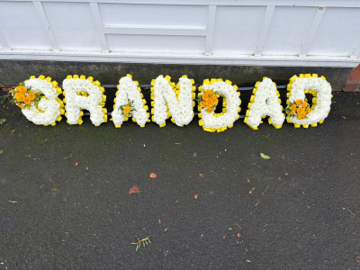 Grandad lettered funeral tribute - A heartfelt GRANDAD floral letter tribute, handcrafted with care by Virginia Carmen Designs in Bolton.